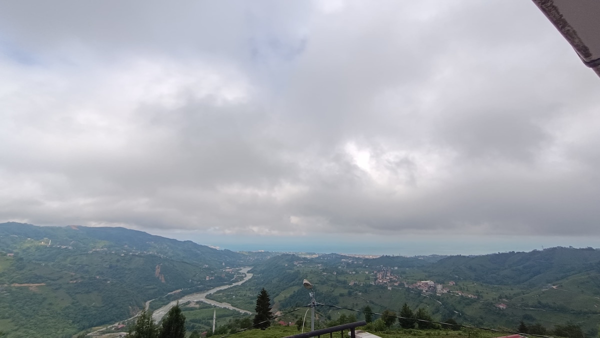 A panoramic view showcases rolling green hills under a cloudy sky. In the distance, a winding river can be seen, bordered by small clusters of houses nestled among the landscape. The scene captures a sense of tranquility and natural beauty.