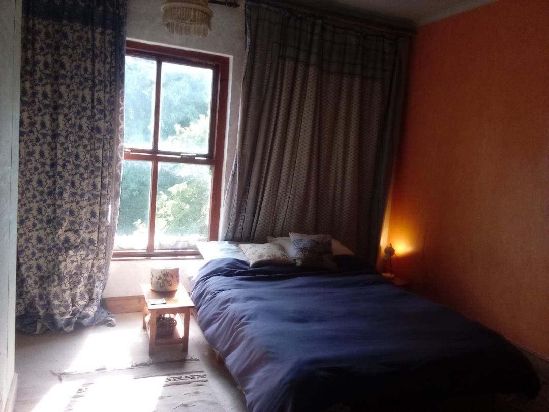 A serene bedroom features a spacious bed adorned with soft bedding. A wooden bedside table holds a small decorative item. Natural light enters through large windows, complemented by patterned curtains in blue and gray. An orange accent wall adds a pop of color to the room.