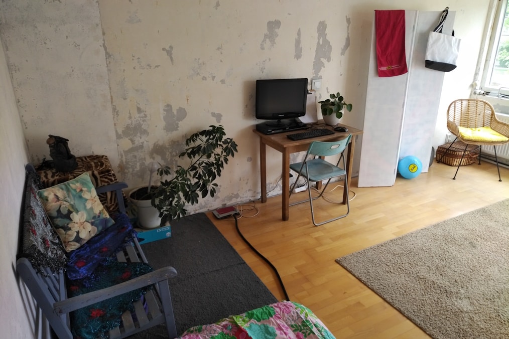 A spacious private room features a workspace with a computer and desk chair, along with a cozy seating area. Plants are placed in corners alongside a colorful blanket draped over a seating arrangement. Natural light enters through a window, and a soft rug covers the floor.