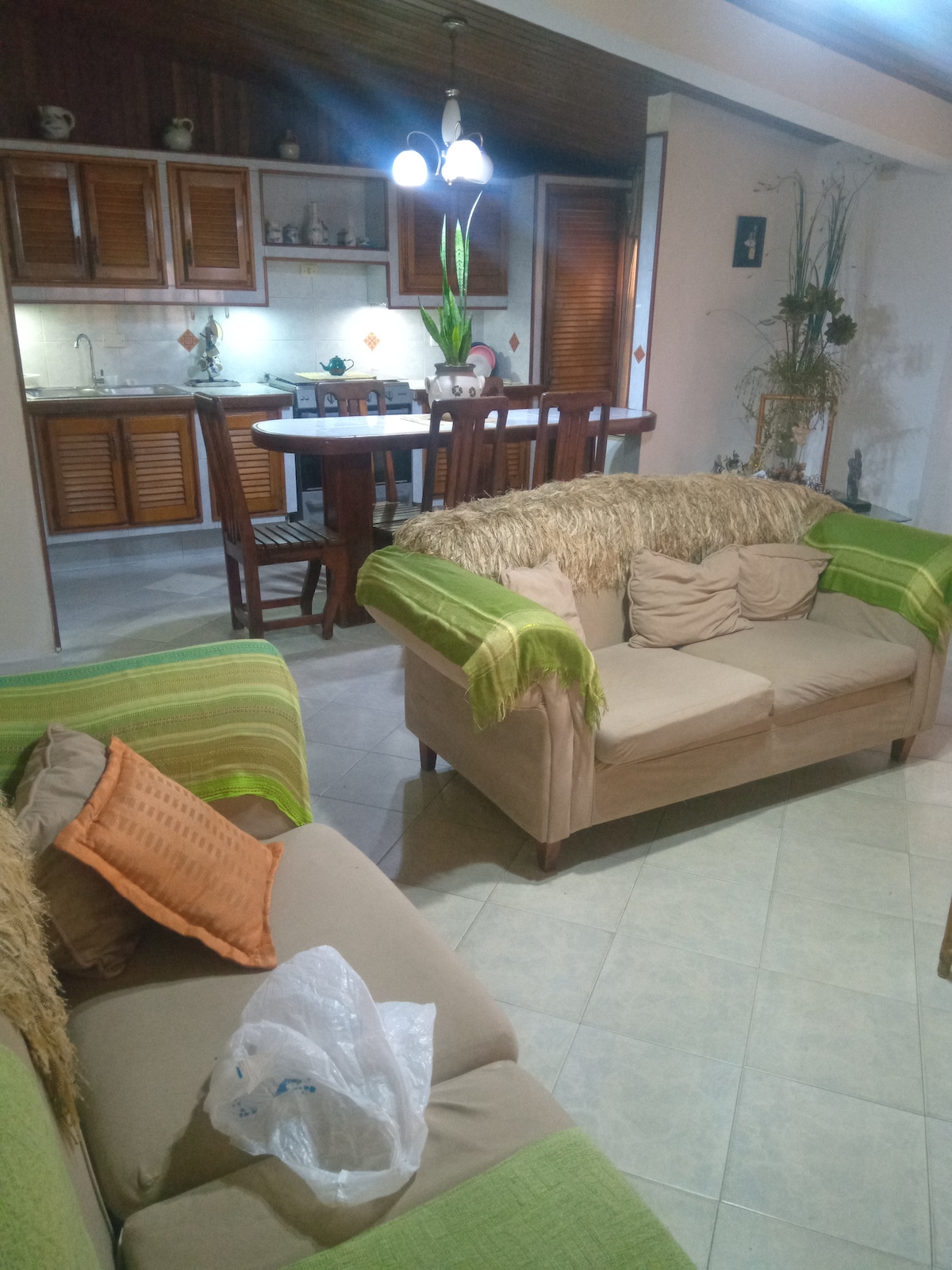 An inviting living area is depicted with light-toned furniture. Two sofas are accented with green throws and decorative pillows. A dining area with wooden chairs and a round table is visible in the background, while kitchen details are subtly integrated into the open space.