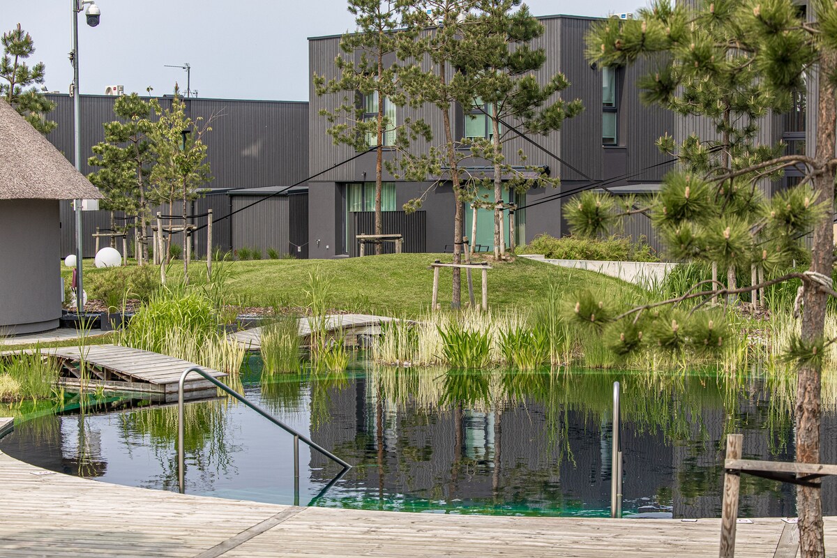 A serene eco-friendly pool is surrounded by lush greenery, with wooden walkways leading to the water. Modern buildings in the background feature large windows, enhancing the open feel of the surroundings. Various trees and grasses add to the natural ambiance.