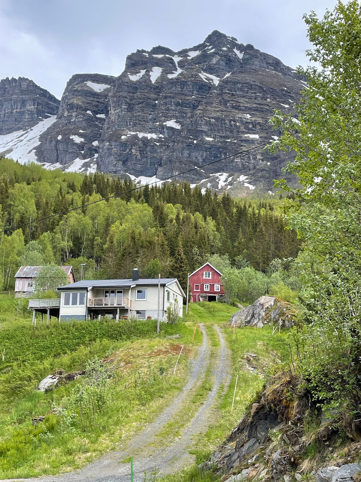 A charming red house sits alongside a modern gray structure, both surrounded by lush greenery. A gravel path leads to the homes, framed by a backdrop of towering mountains and patches of snow. The scene conveys a peaceful, natural setting.