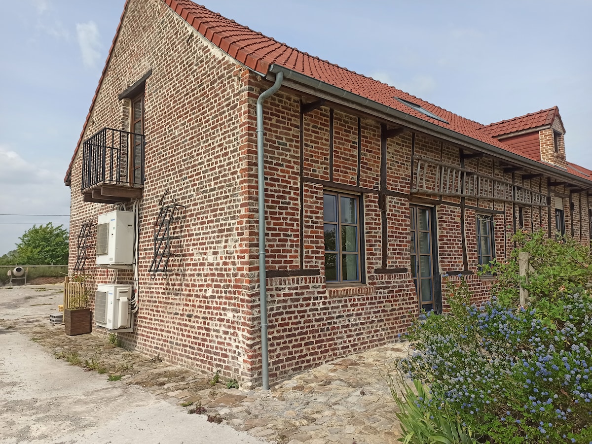 The exterior of a two-story building is depicted, featuring a combination of red brick and wooden beams. Windows with green shutters provide ample natural light. A small balcony is visible on the upper level, and a patch of blue flowers adds a touch of color to the landscape.