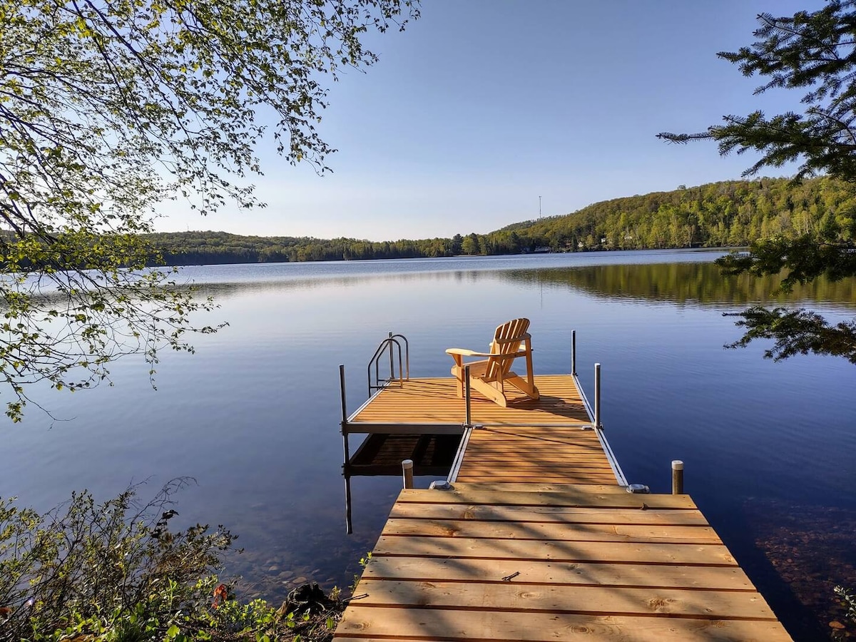 A wooden dock extends over calm waters, featuring a single Adirondack chair positioned to overlook the serene lake. Lush greenery frames the scene, while distant hills are visible on the horizon under a clear blue sky.