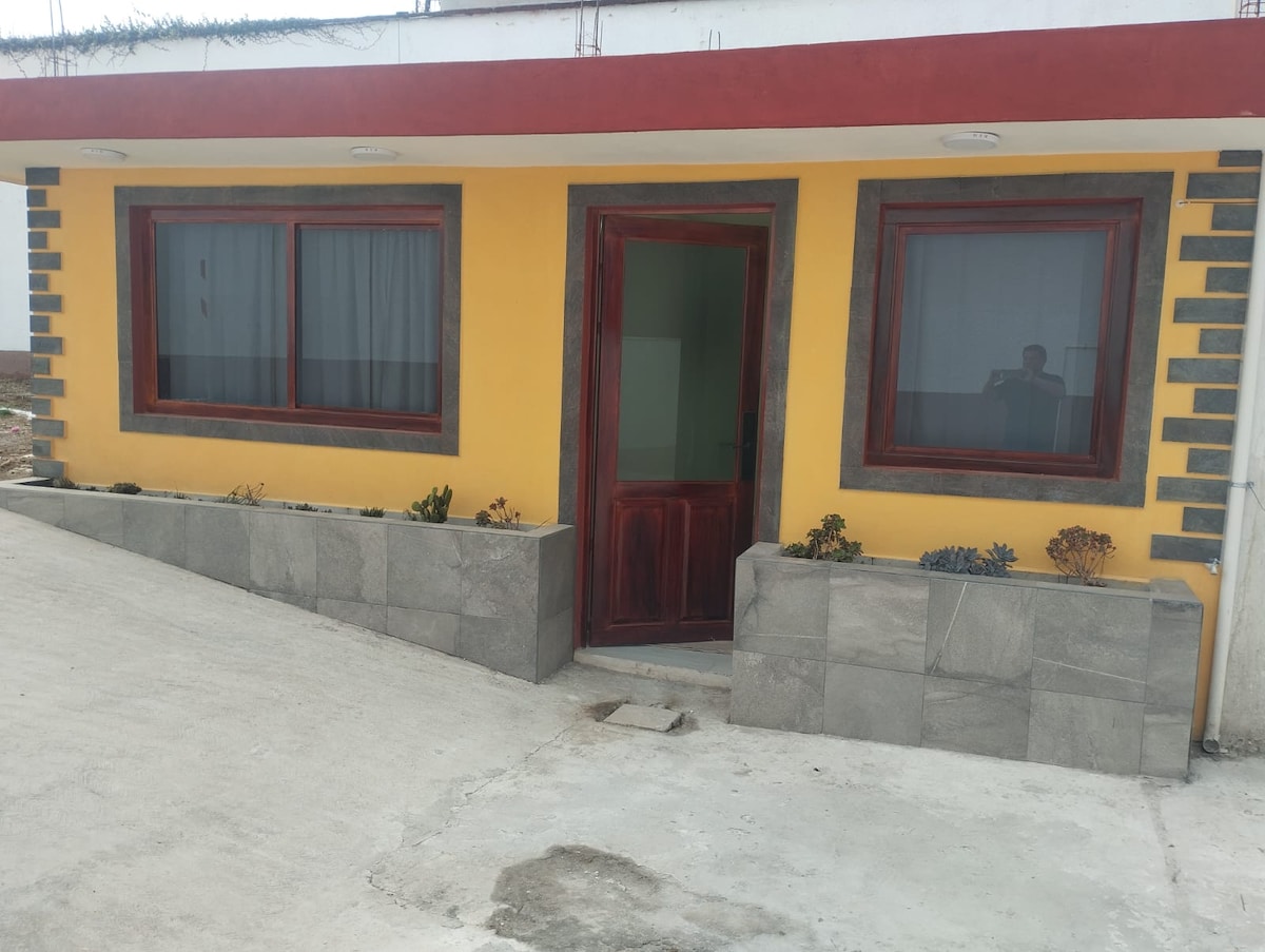 The exterior of a brightly painted house is displayed, featuring a welcoming yellow facade framed by gray stone. Two large windows with white drapes allow natural light to illuminate the entryway, which is adorned with ornamental plants. A sturdy wooden door invites entrance.