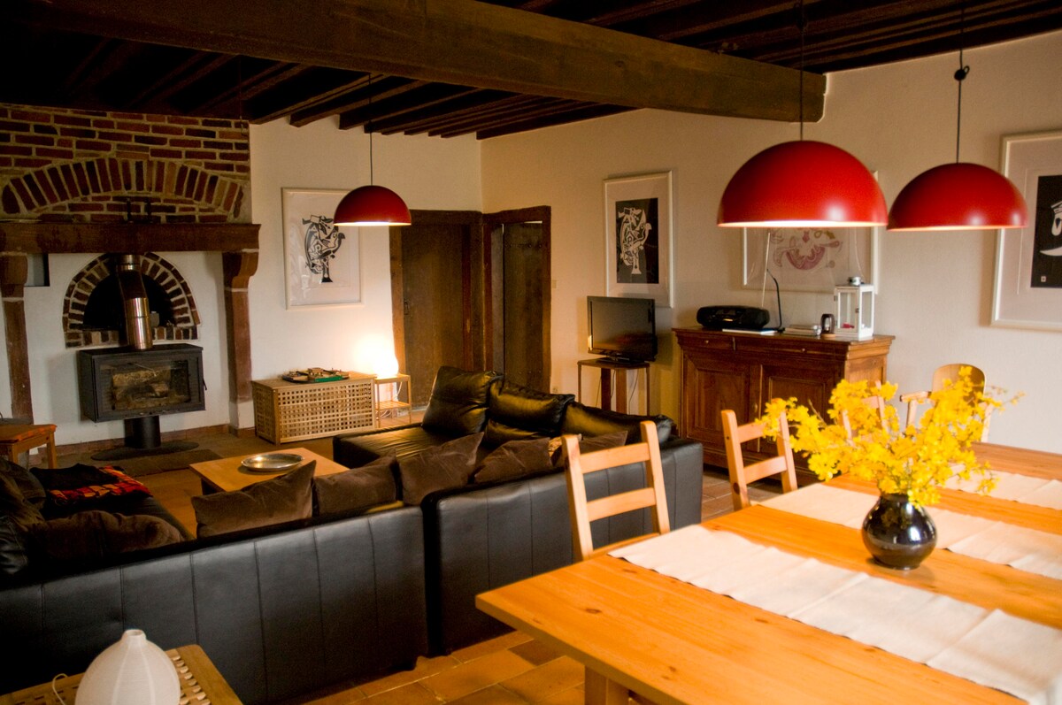 An open living area features a large, dark sectional sofa paired with wooden dining furniture. Red pendant lights hang above the table, and a textured fireplace is visible in the background. A decorative vase with yellow flowers adds a subtle touch of color to the space.