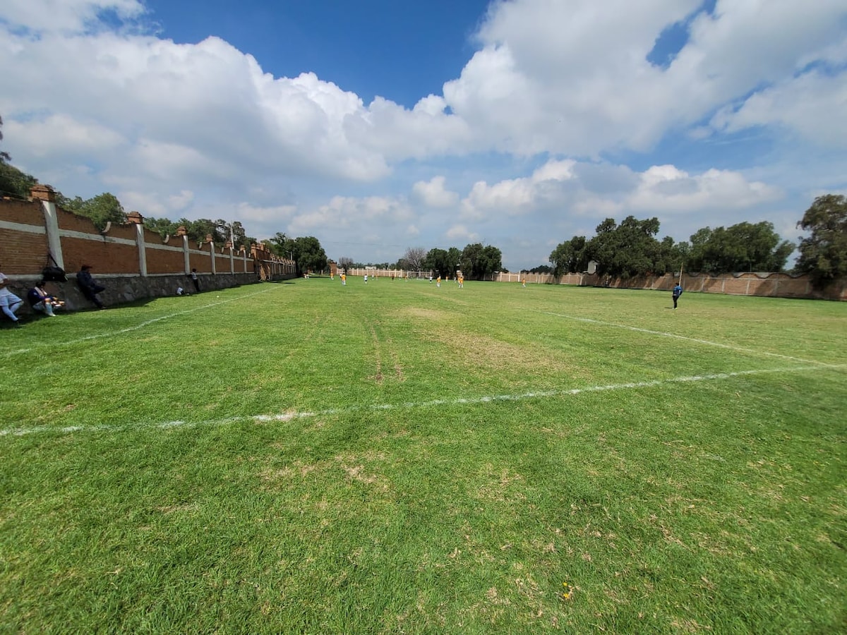 A grassy field is presented with well-maintained green turf. The expansive area is lined with white markings, indicating the boundaries of a sports field. Trees and a fence provide a backdrop under a predominantly cloudy sky. Small groups of individuals are visible on the sidelines.