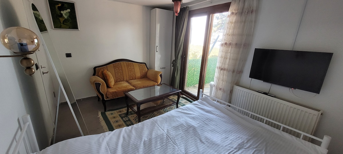 The room features a spacious bed with white linens, complemented by a cozy seating area with an elegant couch and a glass coffee table. A large window allows natural light to fill the space, and a television is mounted on the wall for additional entertainment.