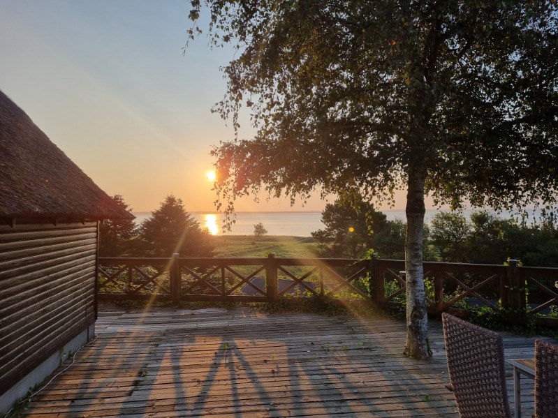 A peaceful outdoor terrace is seen at sunrise, featuring gentle sunlight reflecting off the water. A tree provides shade, and the soft silhouette of nearby greenery is visible. The wooden deck displays shadows, creating a calm atmosphere ideal for relaxation.