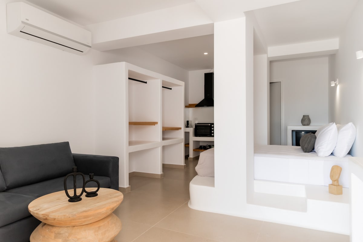 An open living space is featured, showcasing a comfortable sofa paired with a round wooden coffee table. A sleeping area is defined by a raised platform bed with minimalist decor. Two hanging racks provide ample storage, while a kitchenette and dining area are subtly integrated.