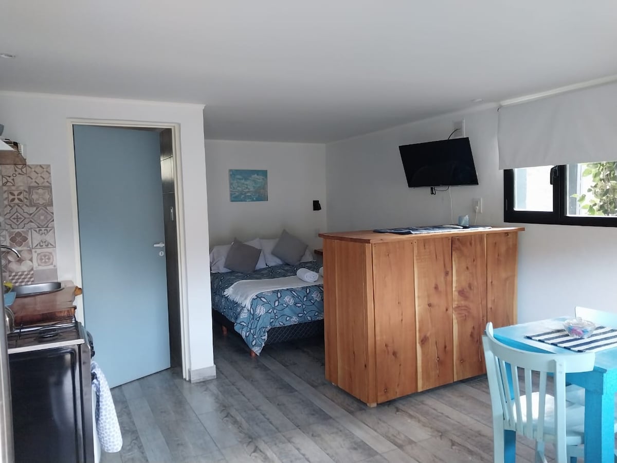 A compact living space features a wooden partition dividing the sleeping area from a small kitchen. A spacious bed with decorative pillows is positioned against one wall, and a blue dining set is placed near a window, providing natural light to the area.