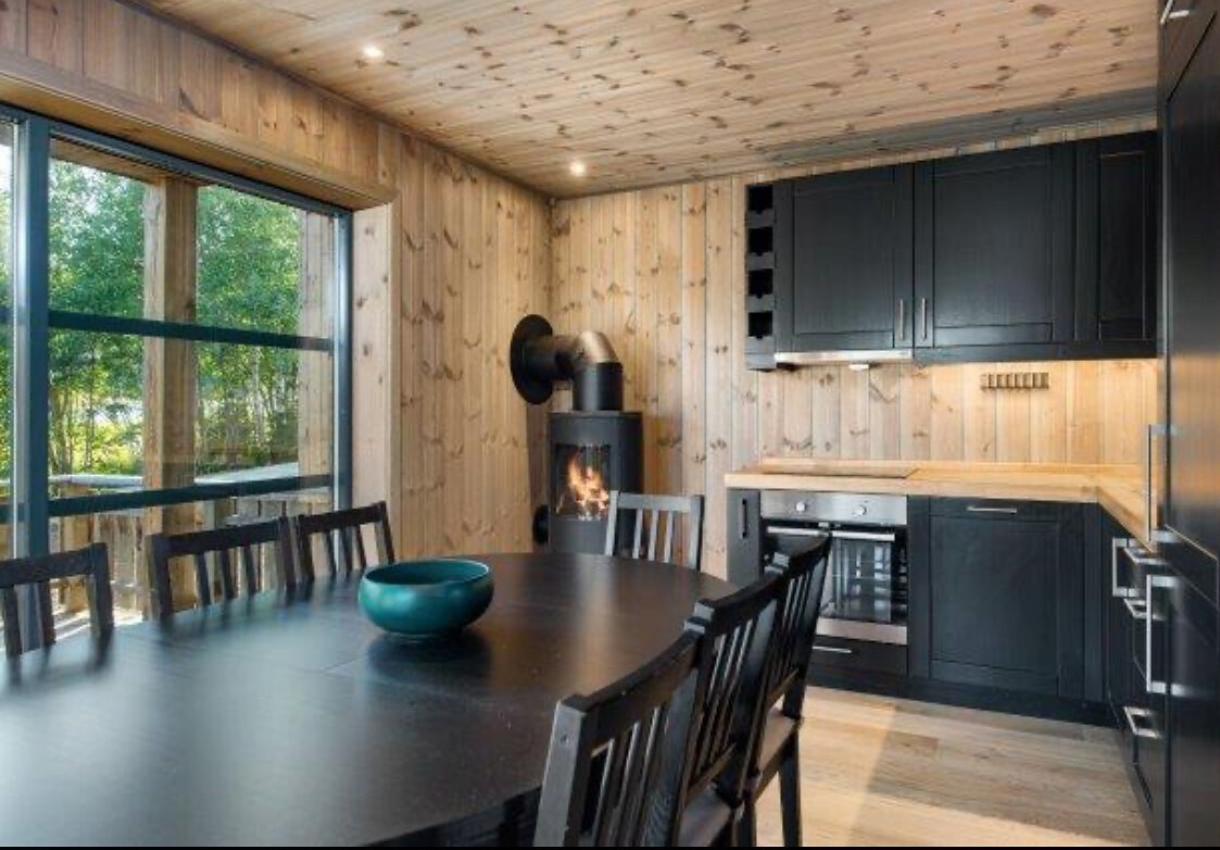 A spacious kitchen and dining area features wooden walls and ceiling, creating a cozy atmosphere. A black dining table with several chairs is positioned in the center. A sleek kitchen is equipped with modern appliances, and a wood-burning stove adds warmth to the space.
