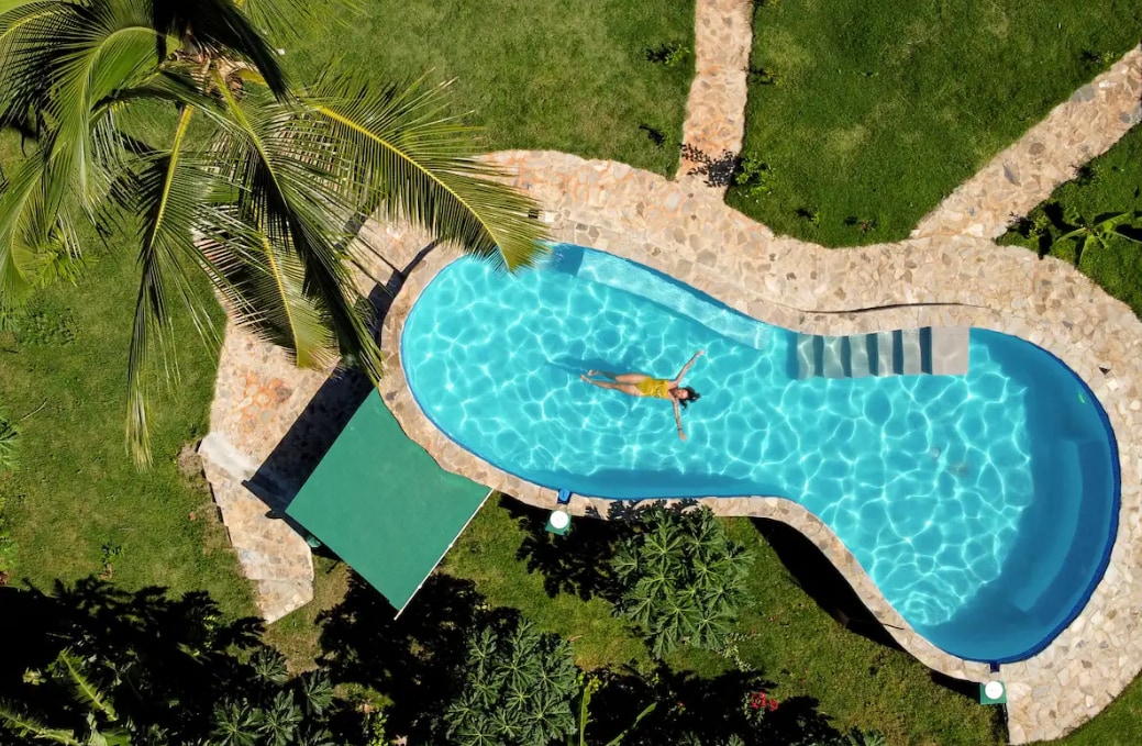 An aerial view captures a uniquely shaped pool, surrounded by lush greenery and palm trees. The sparkling water reflects the sunlight, creating a tranquil scene, while a stone pathway leads towards the pool area. A shaded lounge area is visible nearby for relaxation.