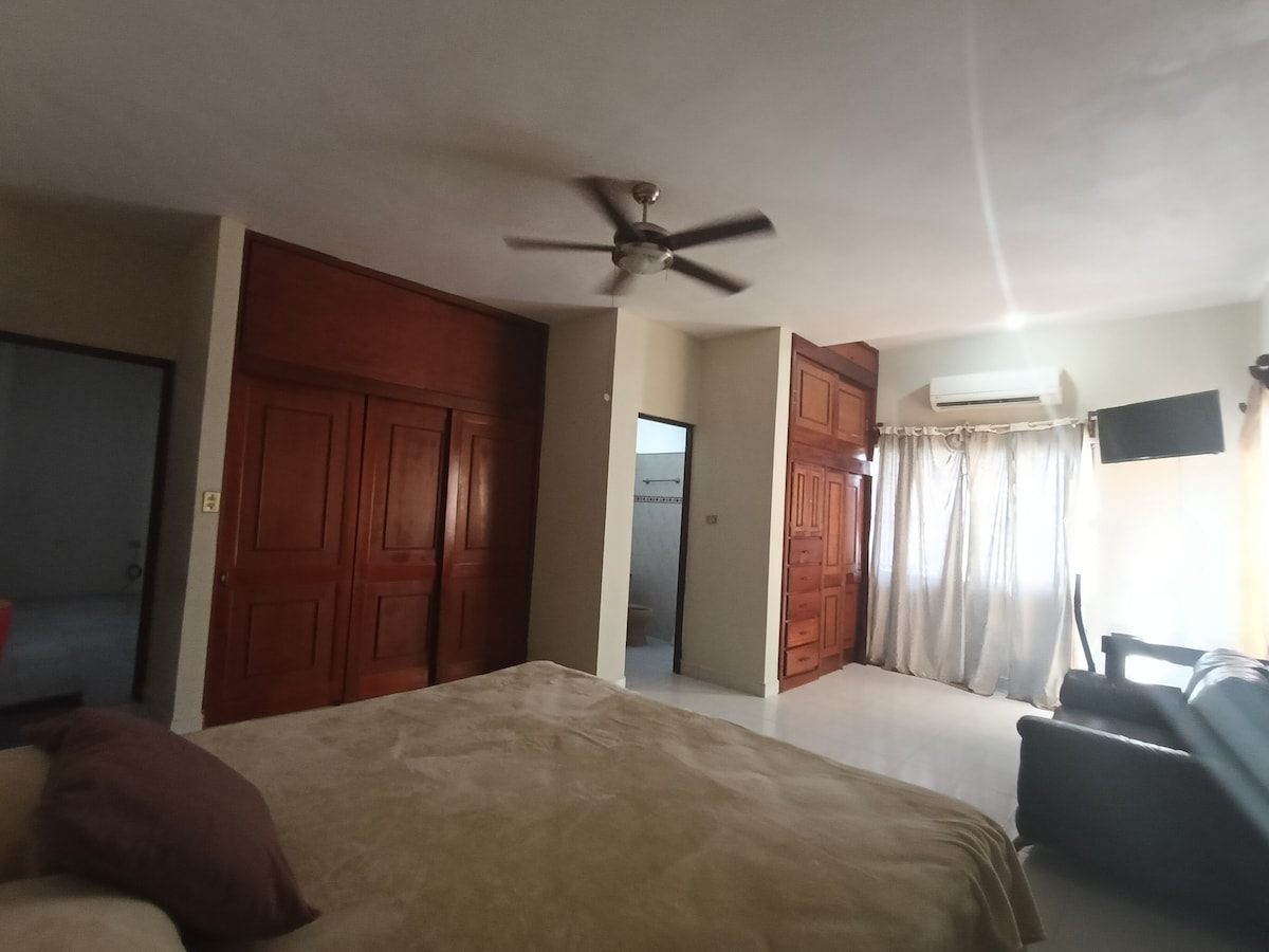 The room features a spacious bed with a light-colored bedspread. A ceiling fan is visible above, providing airflow. Two sets of wooden closet doors are present on the left, while a dark sofa is positioned against the wall. Soft natural light enters through the nearby window.