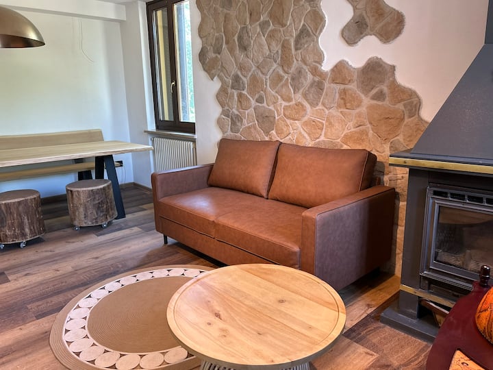 Მყუდრო მისაღები ოთახი ბუხრითა და ბუნებრივი ქვის კედლით
(ქვედა სართული)