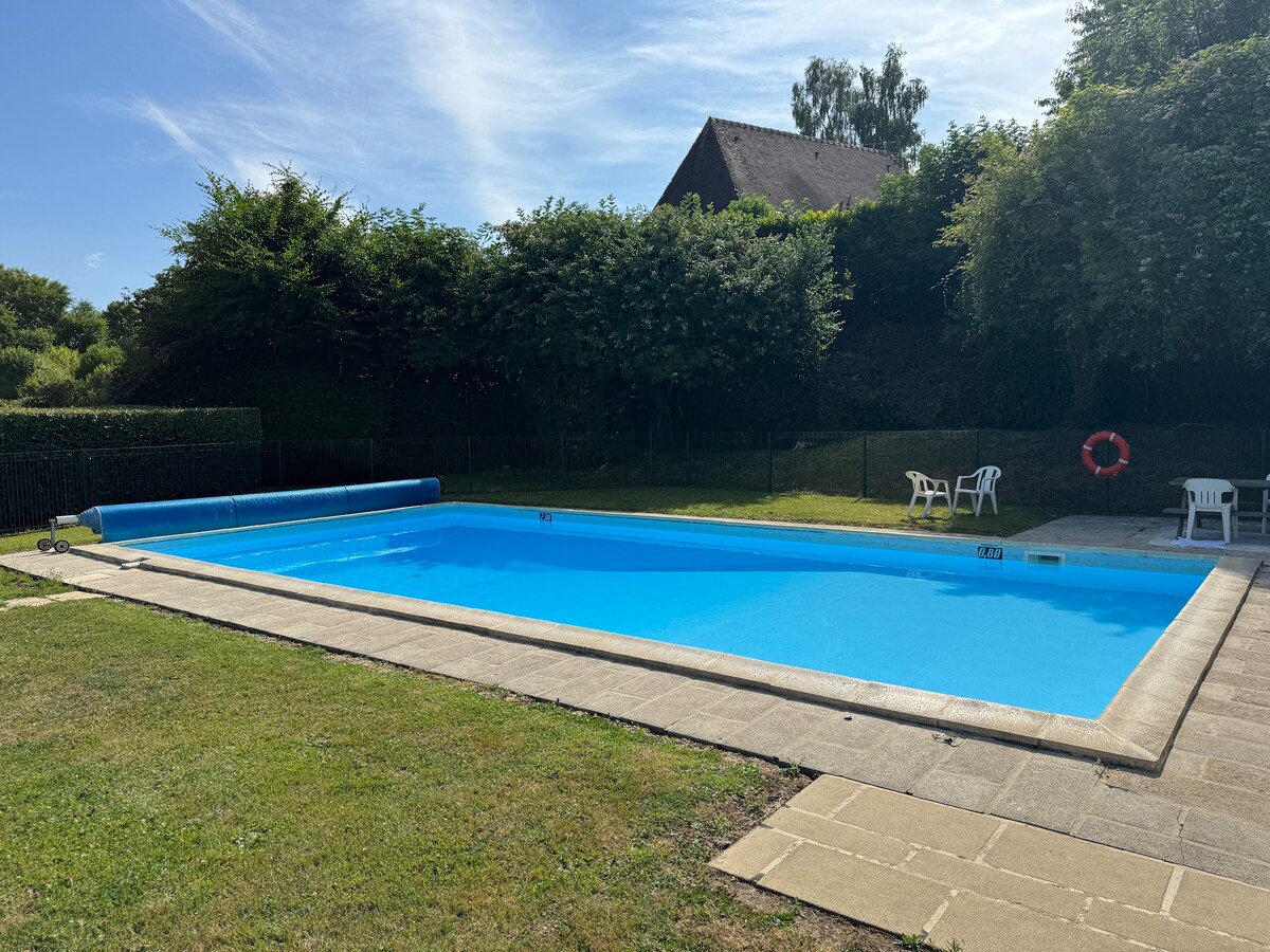 A spacious outdoor swimming pool is surrounded by green foliage and a neatly maintained lawn. Lounge chairs are situated next to the pool, offering a place for relaxation. A safety buoy is visible on the side, ensuring a secure environment for swimming.
