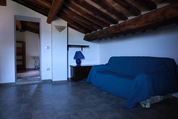 غرفة نوم مع سرير أريكة، صندوق/طاولة بجانب السرير، طاولة مع كرسي وجهاز كمبيوتر متاح، رف كتب صغير