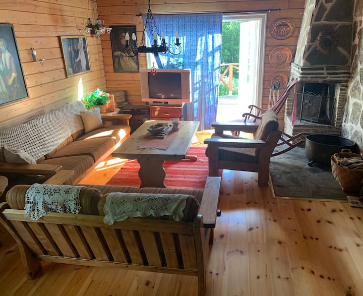 סלון נעים עם רהיטים בעבודת יד, קיר עם אח וקיר עם ארובה. הטלוויזיה בתמונה הוחלפה בטלוויזיה חכמה 50 אינץ'. (תמונה עדכנית יותר של הכניסה).