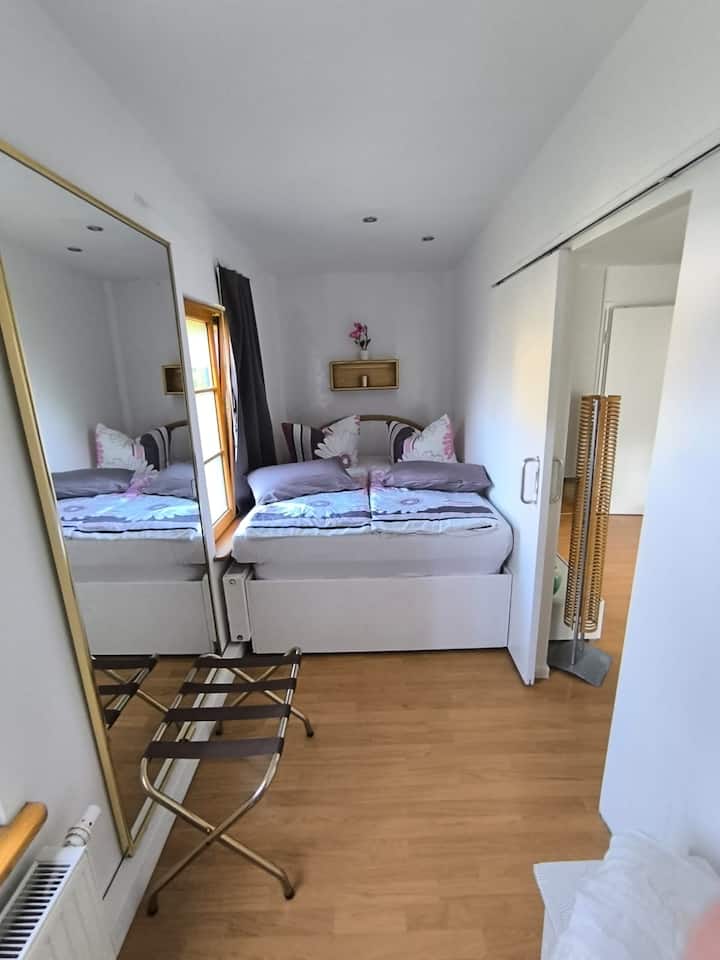 Удобна спална соба со брачен кревет со ноќна ламба, големо огледало и полица за багаж