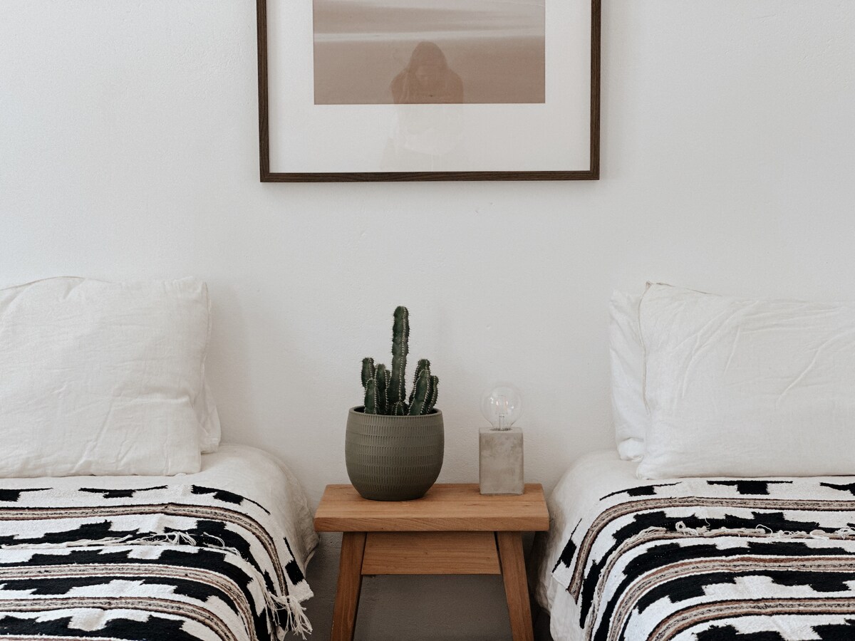 The image features a room with two single beds dressed in white linens and textured black-and-white throws. A small wooden bedside table holds a potted cactus and a decorative light, enhancing the minimalist decor. Soft light illuminates the serene space.