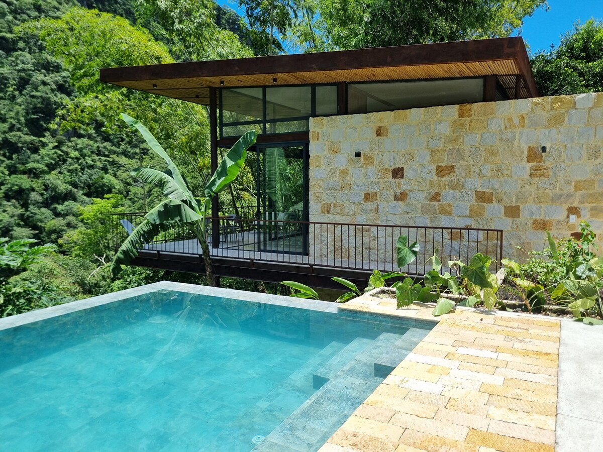 A modern house with large glass windows is situated among lush greenery. The structure features a spacious deck that overlooks a clear swimming pool. Surrounding foliage includes tropical plants, contributing to the natural setting of the property.