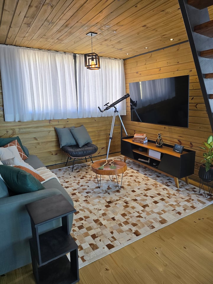 Living room with 65-inch TV and retractable sofa.