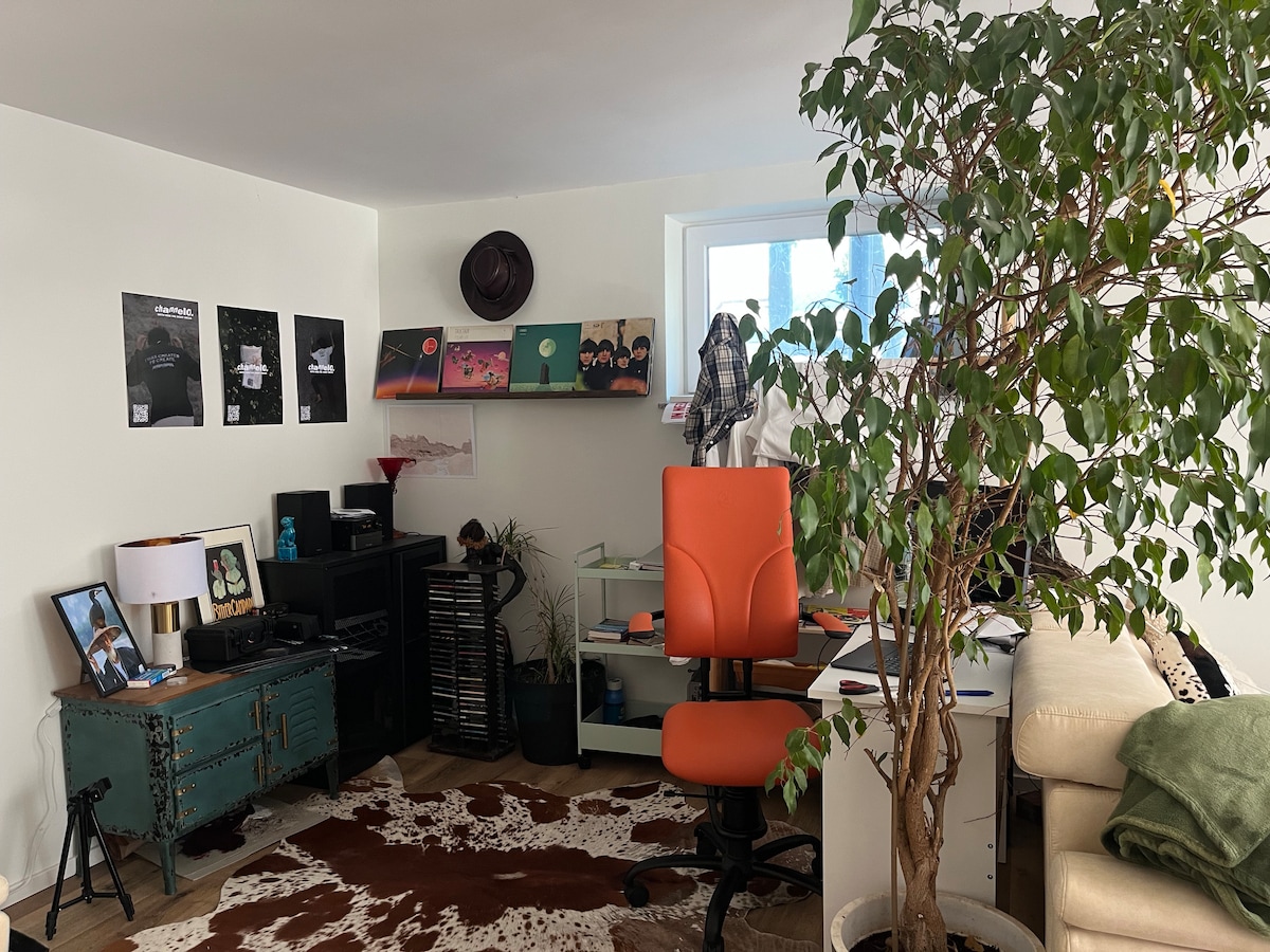 A home office space is depicted featuring a vibrant orange chair positioned at a desk. Shelves display various framed posters, while a green cabinet is visible alongside a collection of music equipment. A large potted plant stands nearby, enhancing the room's ambiance.