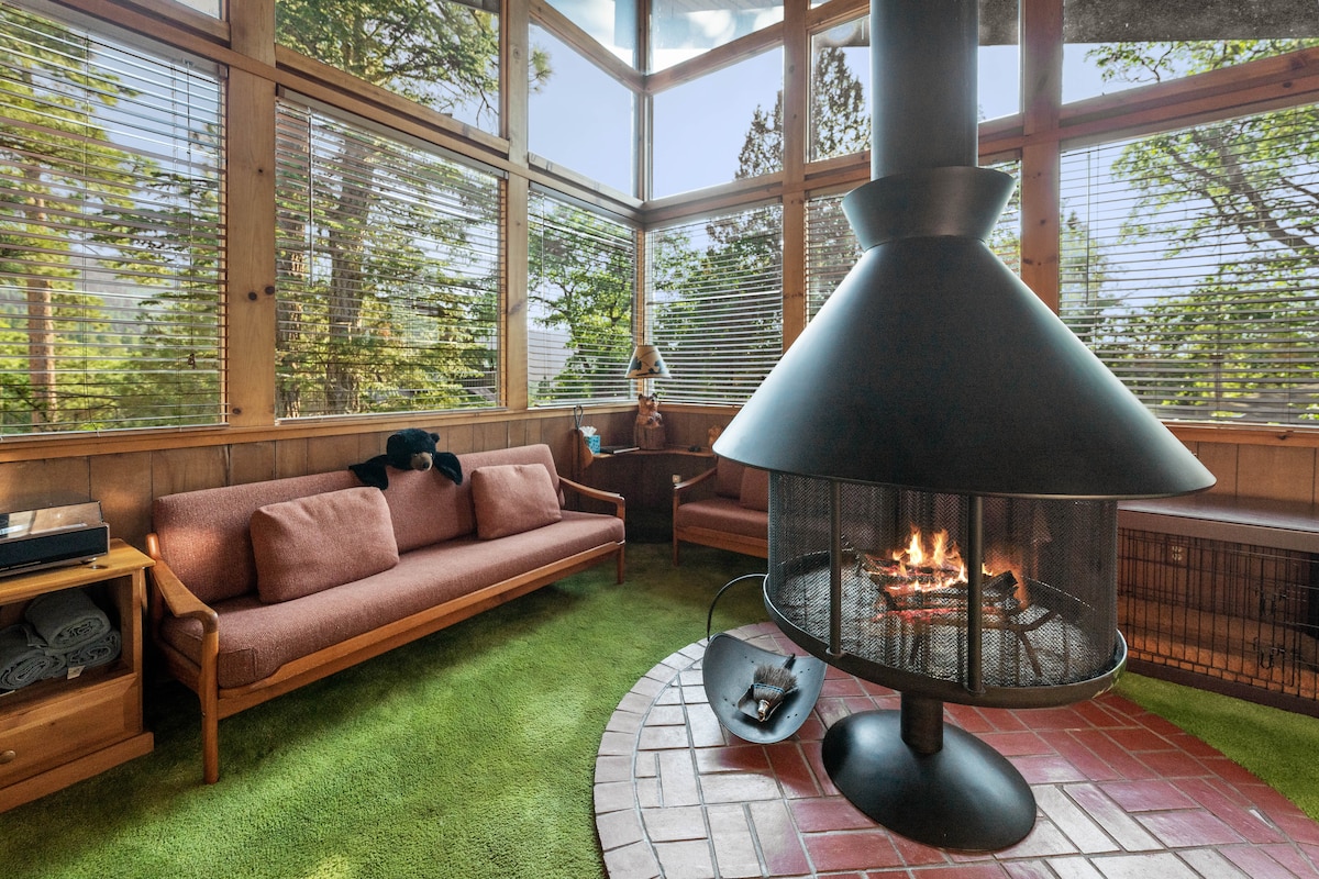A bright living area features large windows that allow natural light to illuminate the space. A circular, natural wood burning fireplace is centered on a brick base, surrounded by a cozy seating area with a plush green carpet.