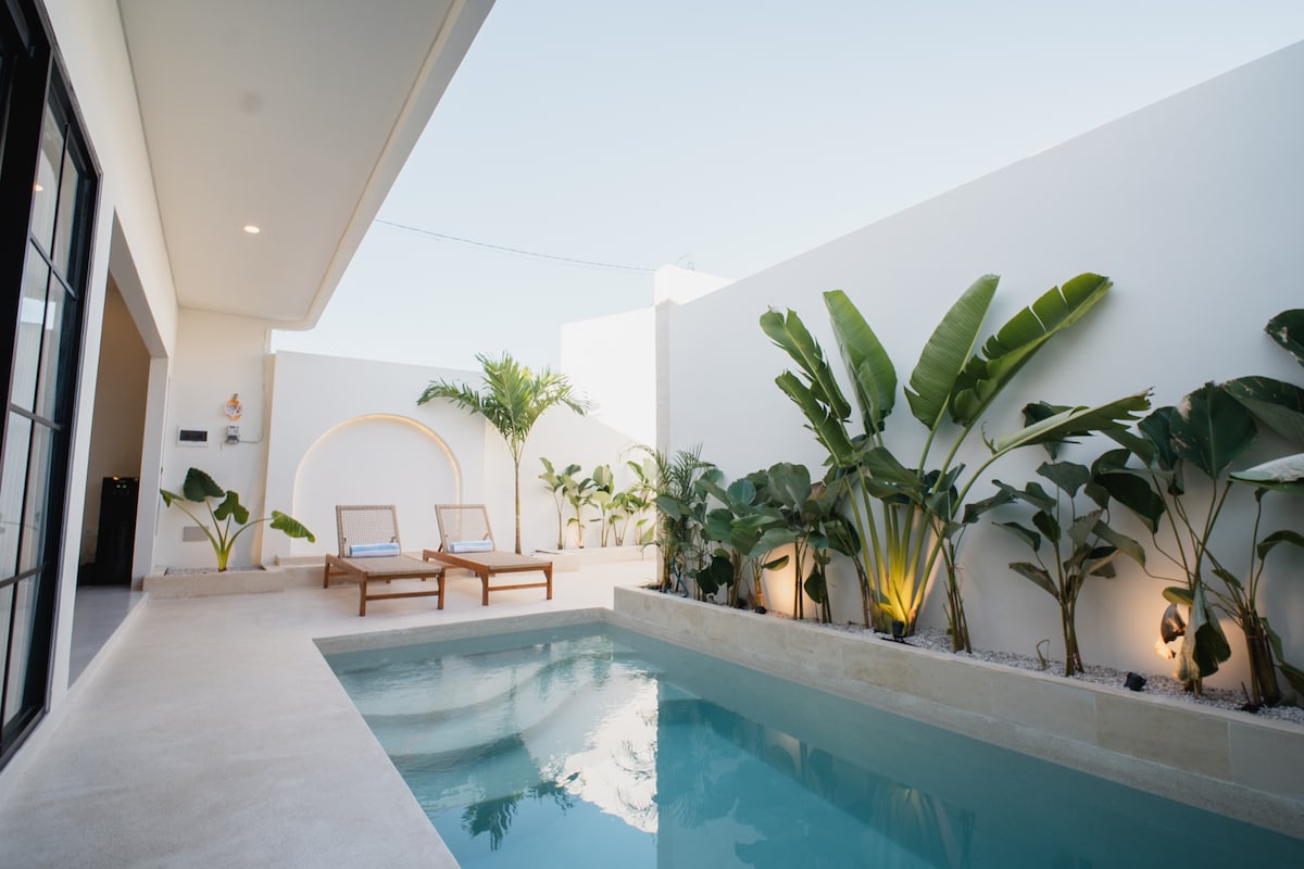 A serene outdoor space features a Mediterranean-style swimming pool surrounded by lush tropical plants. Two wooden lounge chairs are positioned nearby, and soft ambient lighting enhances the peaceful atmosphere. The clean lines of the architecture create a welcoming environment for relaxation.