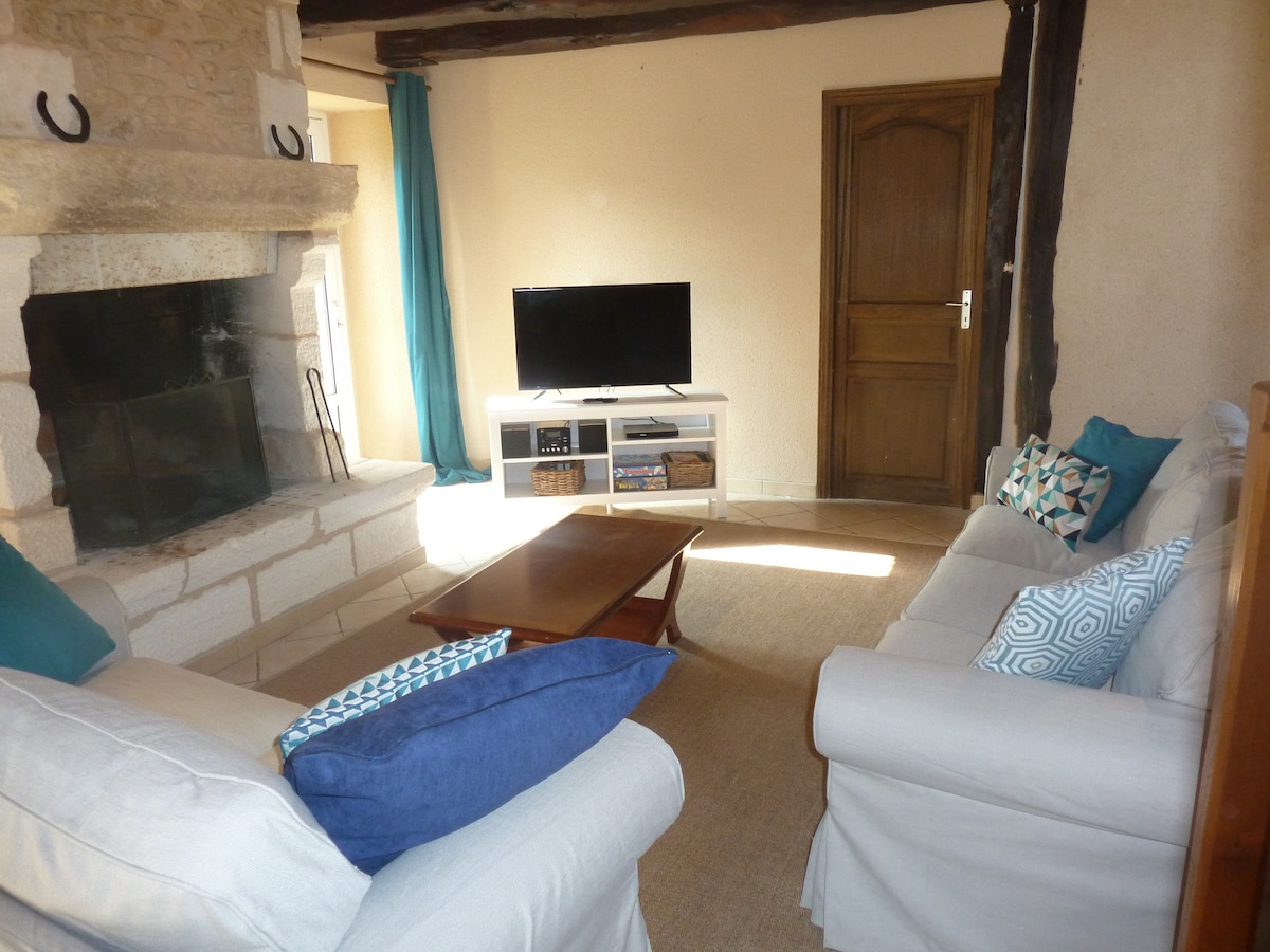 A cozy living space features a stone fireplace and a flat-screen television. Two light-colored sofas adorned with patterned cushions are positioned around a wooden coffee table. Natural light streams in through windows adorned with turquoise curtains, enhancing the inviting ambiance.