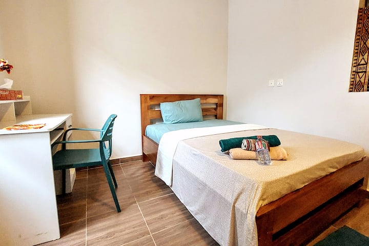 Bedroom 1 - Double bed, desk, bathroom with shower