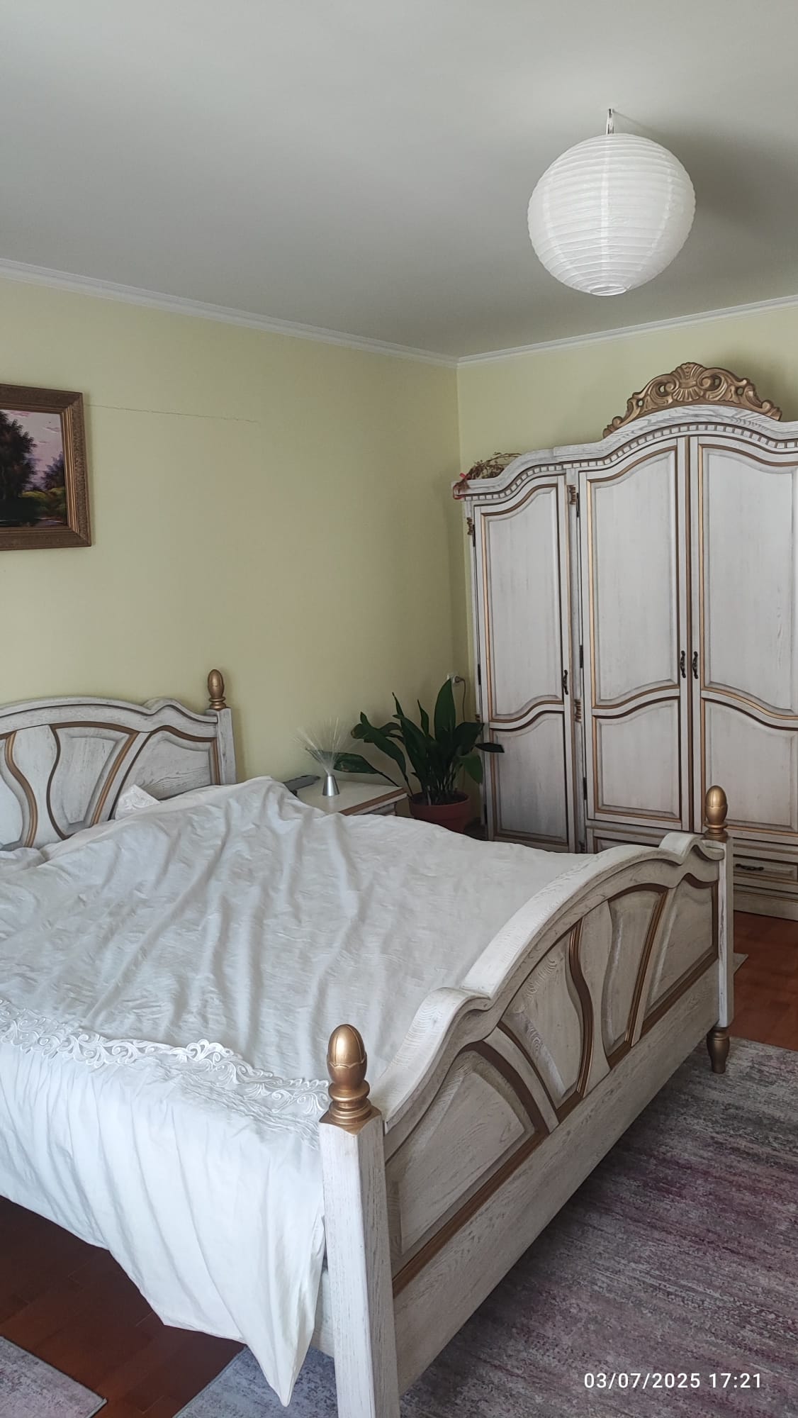 A spacious bedroom features two antique-style beds, each with elegant golden accents. A large wardrobe stands against the wall, complemented by a green potted plant. Soft natural light fills the room, highlighting the subtle yellow walls and traditional decor.
