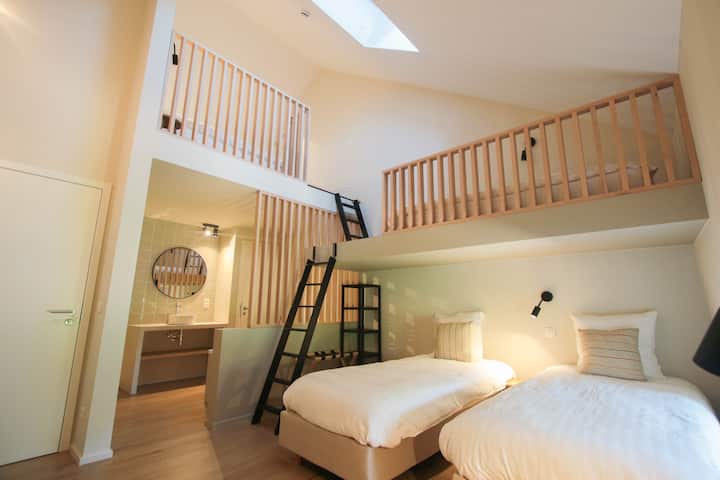 Оваа семејна соба има 5 кревета, вклучувајќи 1 спрат и 2 на мезанинот. Во бањата отворена кон спалната соба има бања и туш