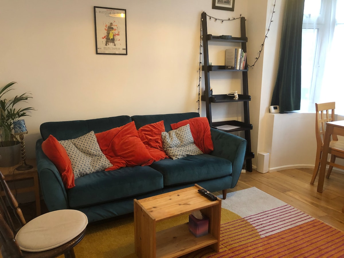 A living area is featured with a teal, comfortable sofa adorned with orange and blue pillows. A wooden coffee table sits in front, with a rug in warm hues on the floor. A bookcase and a dining set are also visible, along with natural light from a nearby window.