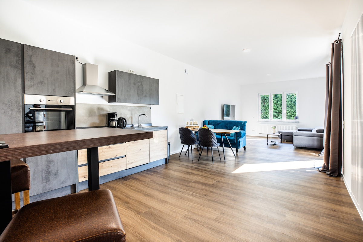 A spacious living area features an open concept kitchen with modern cabinetry and appliances. A light-filled seating arrangement includes a blue couch and simple dining chairs. Large windows allow natural light to enter, highlighting the clean lines and warm wooden flooring throughout the space.