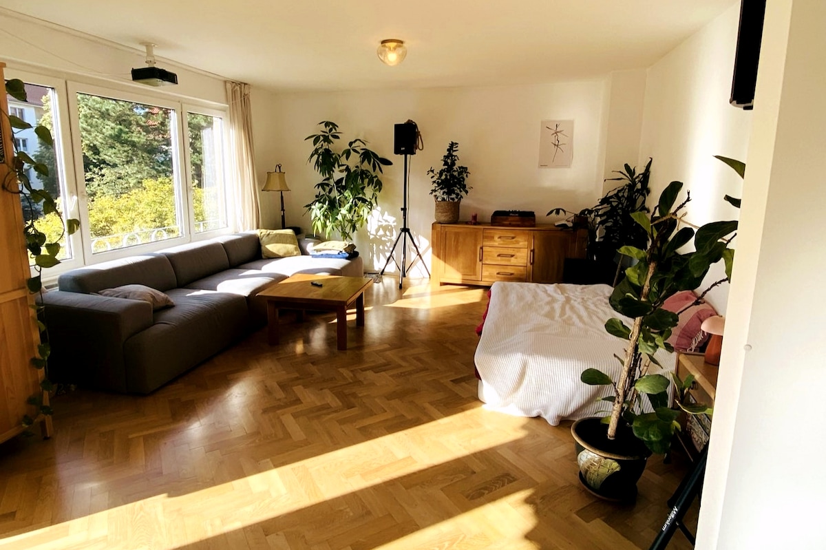 A spacious living area features large windows allowing natural light to fill the room. Modern furniture includes a cozy gray sofa and a wooden coffee table. Indoor plants add a touch of greenery, while a small sleeping area with a white blanket is partially visible.