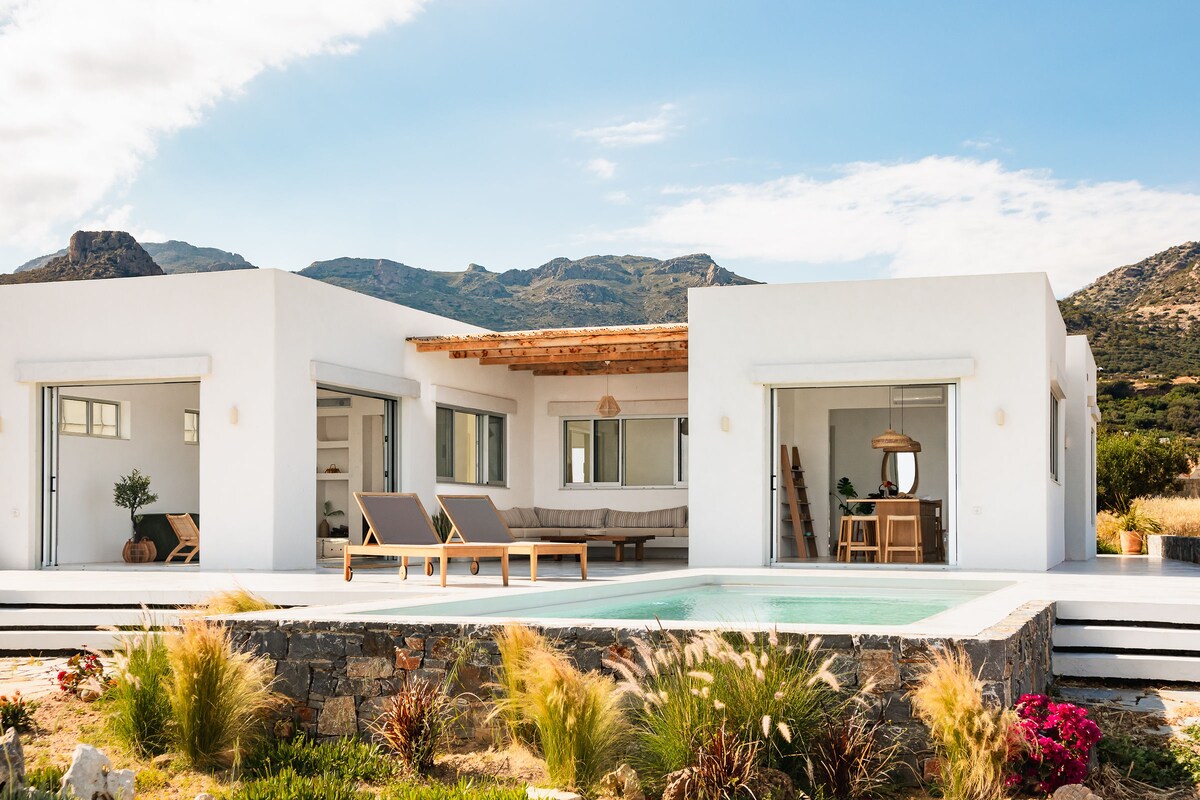 A modern villa is displayed, featuring an open design with large glass doors. Two loungers are positioned beside a private pool, with a patio area visible. The natural landscape includes mountains in the background, complemented by scattered greenery and potted plants.