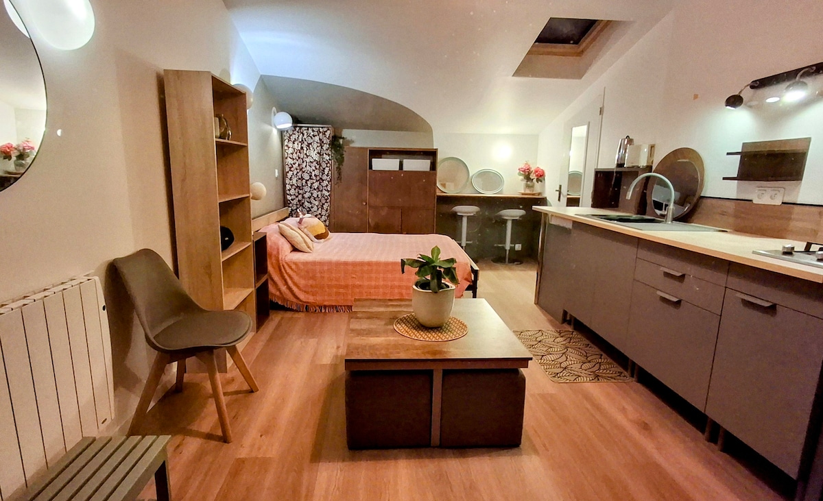 A compact studio features a bed with a soft orange coverlet and a wooden coffee table. A bookshelf stands against one wall, next to a small dining area with two stools. The kitchen is equipped with modern appliances and a decorative plant adds a touch of greenery.