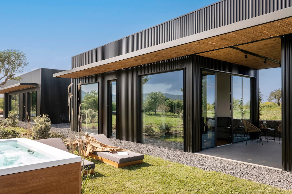 The lodge's exterior features sleek lines and large glass windows, allowing views of the surrounding countryside. A private garden is visible, showcasing a lounge chair and a hot tub. The architecture emphasizes a modern aesthetic with a strong connection to nature.