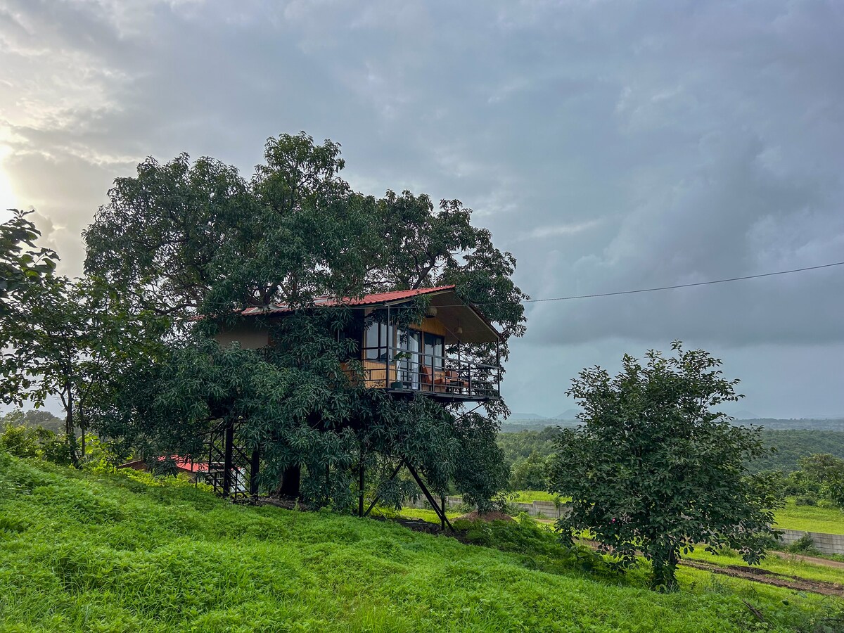A vibrant green landscape surrounds a unique treehouse perched high on a mango tree. The structure features large glass panels, allowing natural light to fill the space, while its wooden deck provides an inviting area to enjoy the scenic views of the valley and mountains.