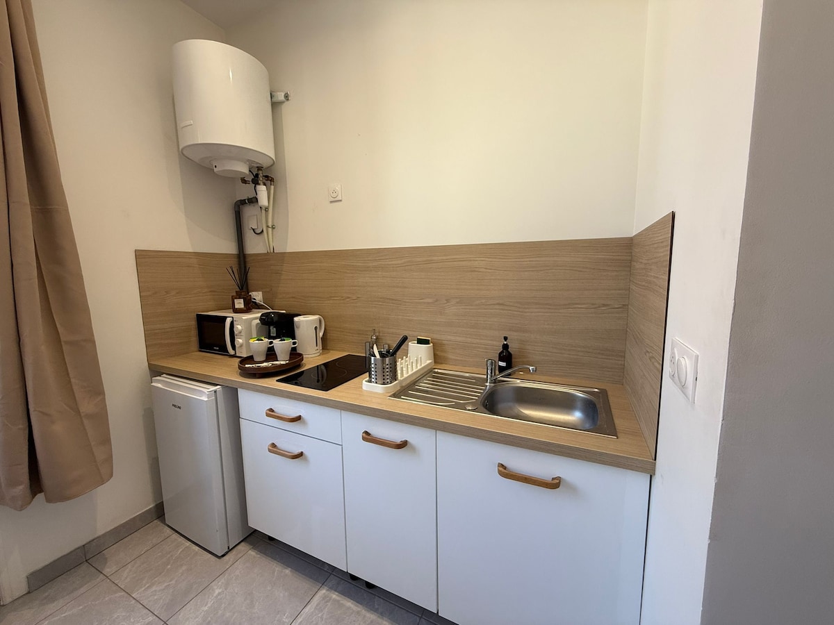 A compact kitchen space is equipped with essential appliances, including a microwave, kettle, and a coffee maker. The cabinetry features a light wood finish, and a stainless steel sink is built into the countertop. A small refrigerator is discreetly positioned under the counter.