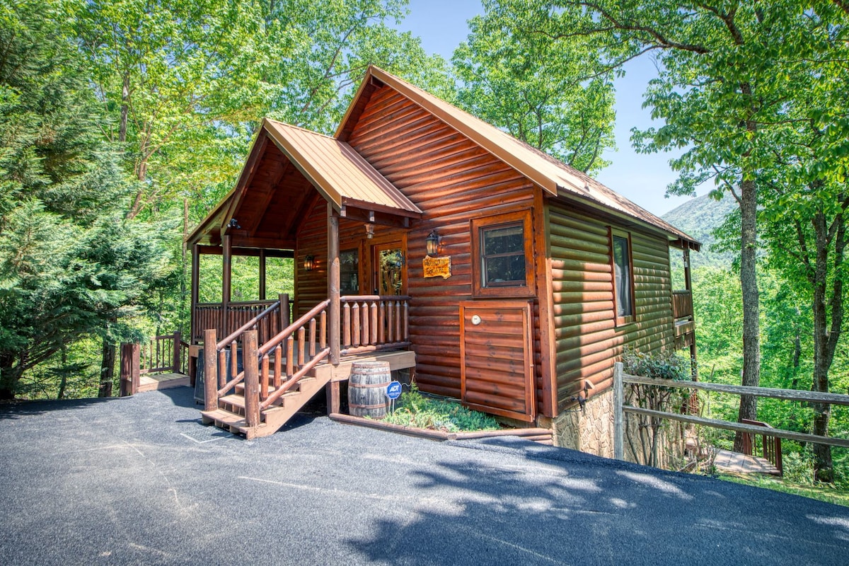 The wooden cabin features a welcoming structure with a sloped roof, large front porch, and steps leading to the entrance. Surrounded by lush greenery, it presents a private and serene setting in the forest, complemented by a paved driveway for easy access.