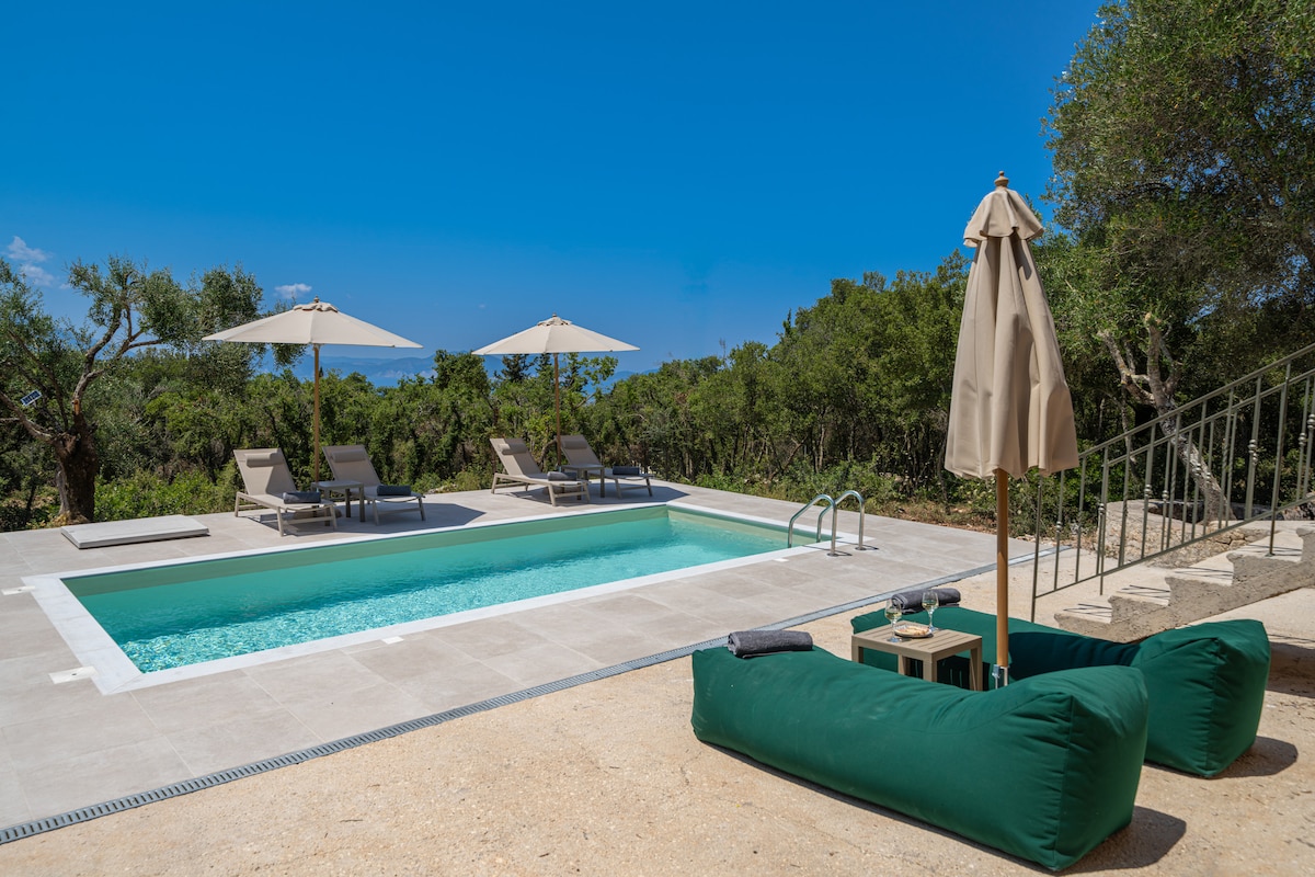 A private pool is framed by olive trees, offering serene views of the surrounding nature. Two umbrellas provide shade for lounge chairs, while a green seating area invites relaxation. The pool is surrounded by light-colored stone tiles, reflecting the clear blue sky above.