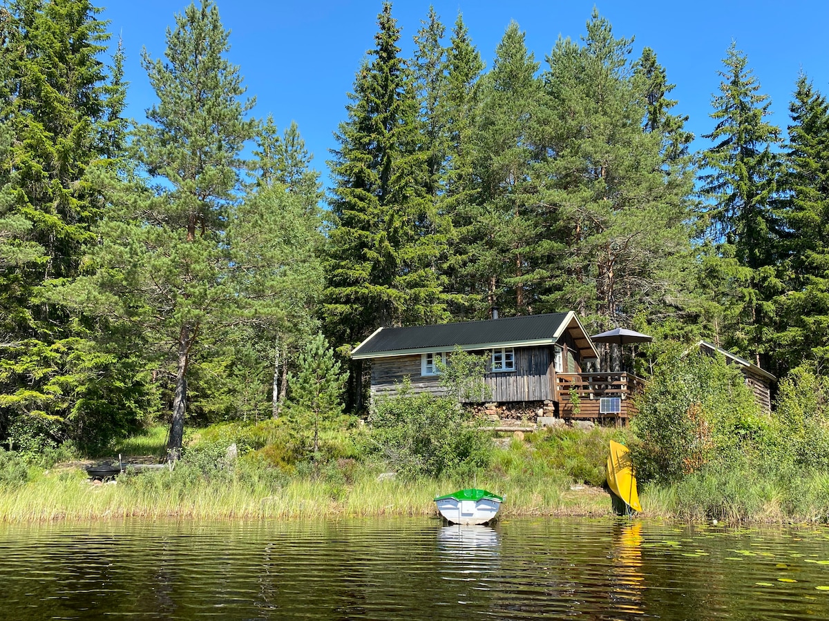 A wooden cabin is nestled among tall evergreen trees along the water's edge. The rustic architecture is complemented by a small rowboat anchored nearby, surrounded by lush greenery. The calm water reflects the clear blue sky, creating a serene and natural setting.