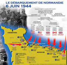 A historical map illustrating the D-Day landings in Normandy on June 6, 1944. Various landing zones are marked, highlighting Omaha, Gold, Juno, and Sword beaches. Key locations and troop movements are displayed, providing a geographical context of the events during this significant military operation.
