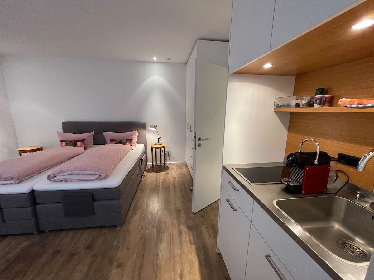 The image presents a bright living and sleeping area featuring two comfortable beds with light pink bedding. A compact kitchen area is visible, equipped with a sink and a Nespresso coffee machine. Warm wooden flooring complements the modern design, creating a welcoming atmosphere.