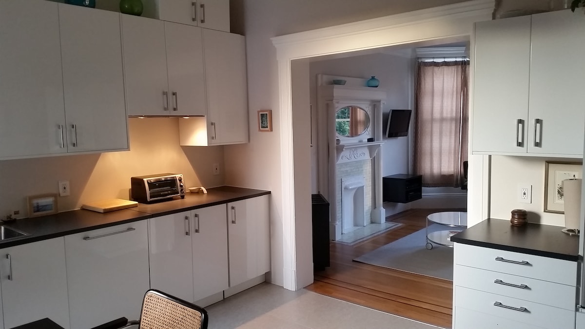 A modern kitchen area features sleek white cabinetry and contrasting dark countertops. A toaster oven is visible on the counter, adjacent to a dining table with woven chairs. Beyond, a cozy living space is seen, highlighted by large windows and a decorative fireplace.