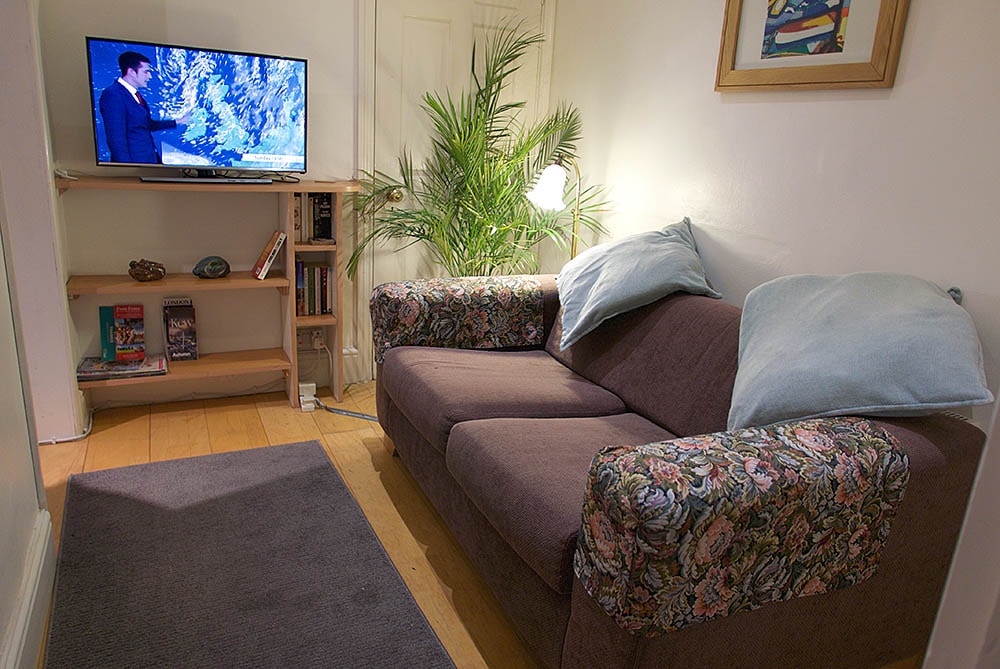 A small living area features a floral patterned sofa and light blue cushions. A flat-screen TV is mounted above a wooden shelf containing books and decorative items. A floor lamp and a potted plant add a touch of greenery to the space.
