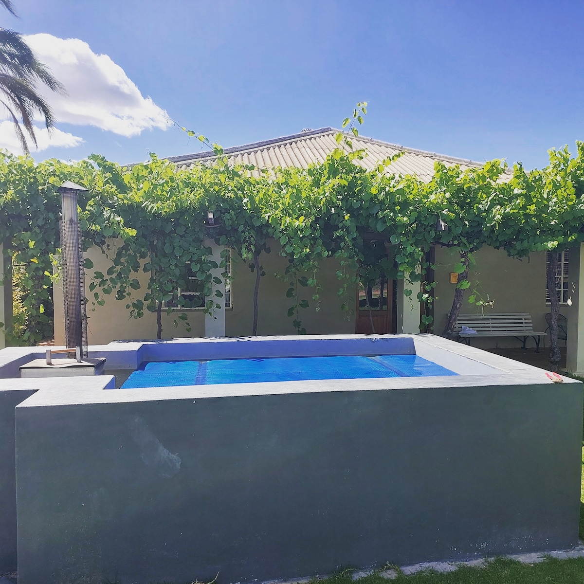 A small rectangular pool is positioned adjacent to the farmhouse, surrounded by a low, modern wall. Lush green vines drape over the structure, providing a natural canopy. The farmhouse is partially visible in the background, featuring a simple, unadorned facade.