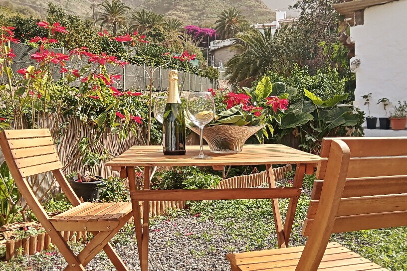 A wooden table set for two is displayed in a garden filled with vibrant flowers and green foliage. A bottle of champagne and two glasses are centered on the table, surrounded by well-maintained plants. The backdrop features a scenic view of hills and palm trees.